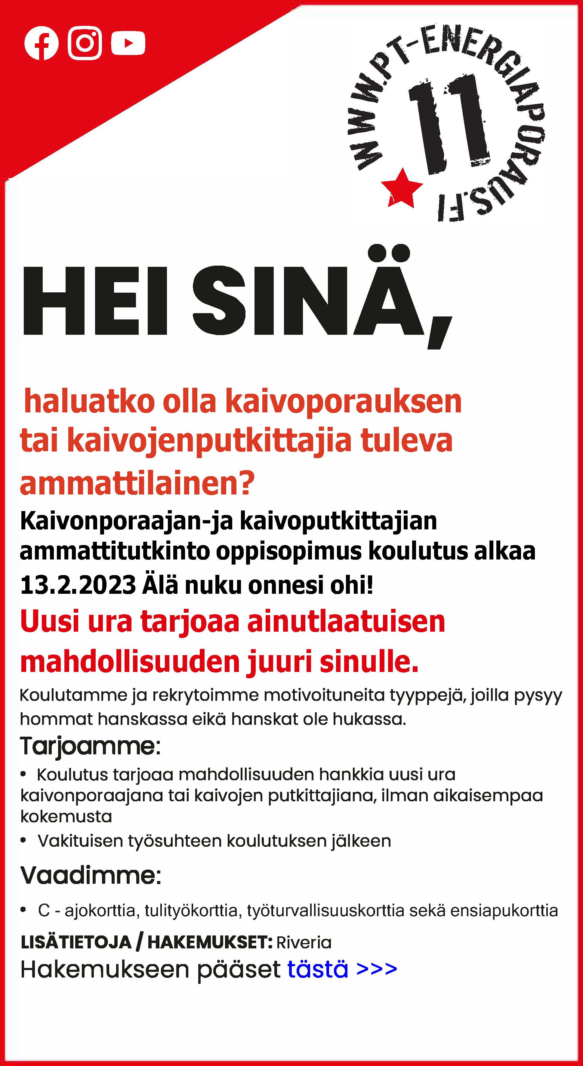 Haemme nyt kaivonporaajia ja kaivojenputkittajia oppisopimuskoulutuksella